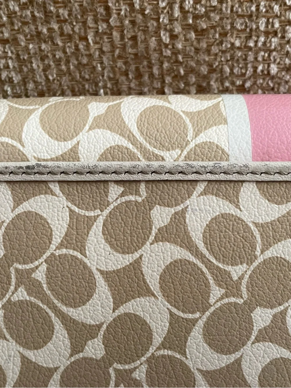 Coach Beige Signature leather Trifold Wallet with Pink Center Stripe